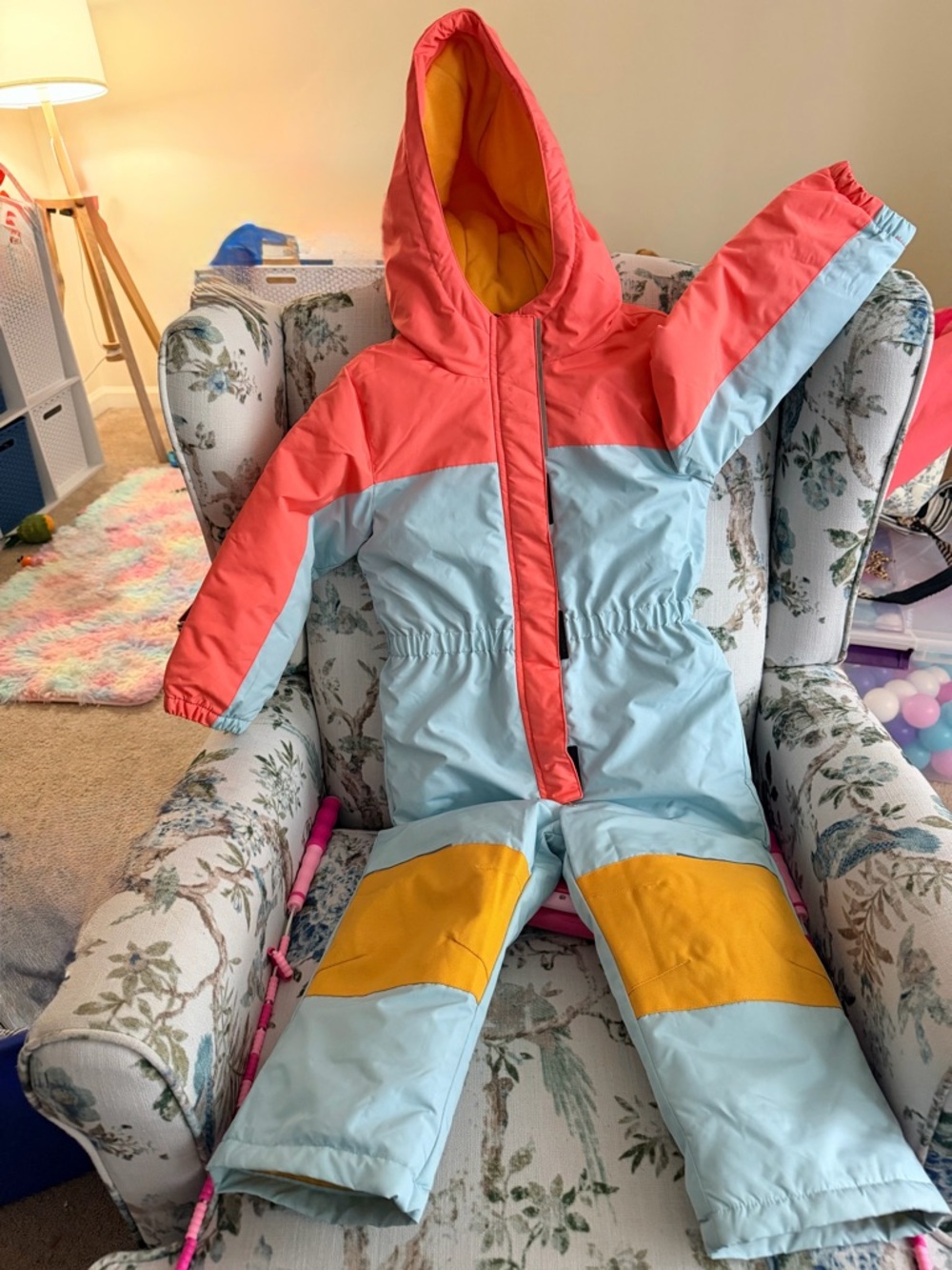 PRICE DROP - Swiss Tech Kids Colorblock Snowsuit in Coral, Light Blue & Yellow